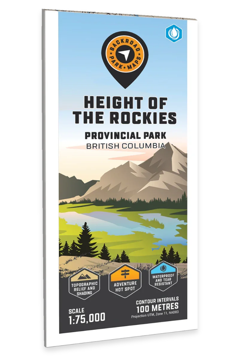 Height of the Rockies Provincial Park BC map cover with mountains, lake, and adventure icons