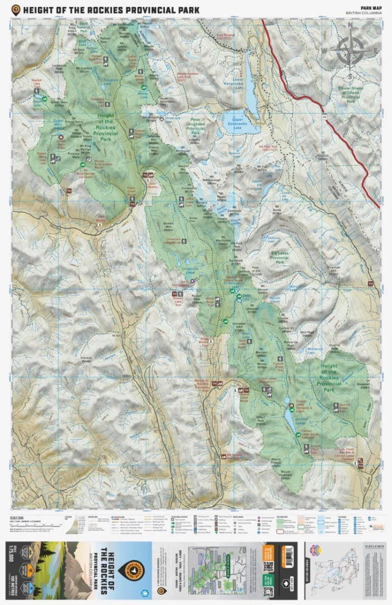 Height of the Rockies Provincial Park map with trails, campsites, and topographic features in BC
