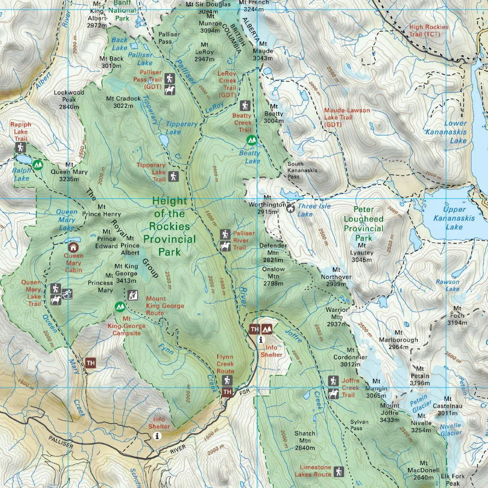 Height of the Rockies Provincial Park map, hiking trails, campsites, and mountain peaks