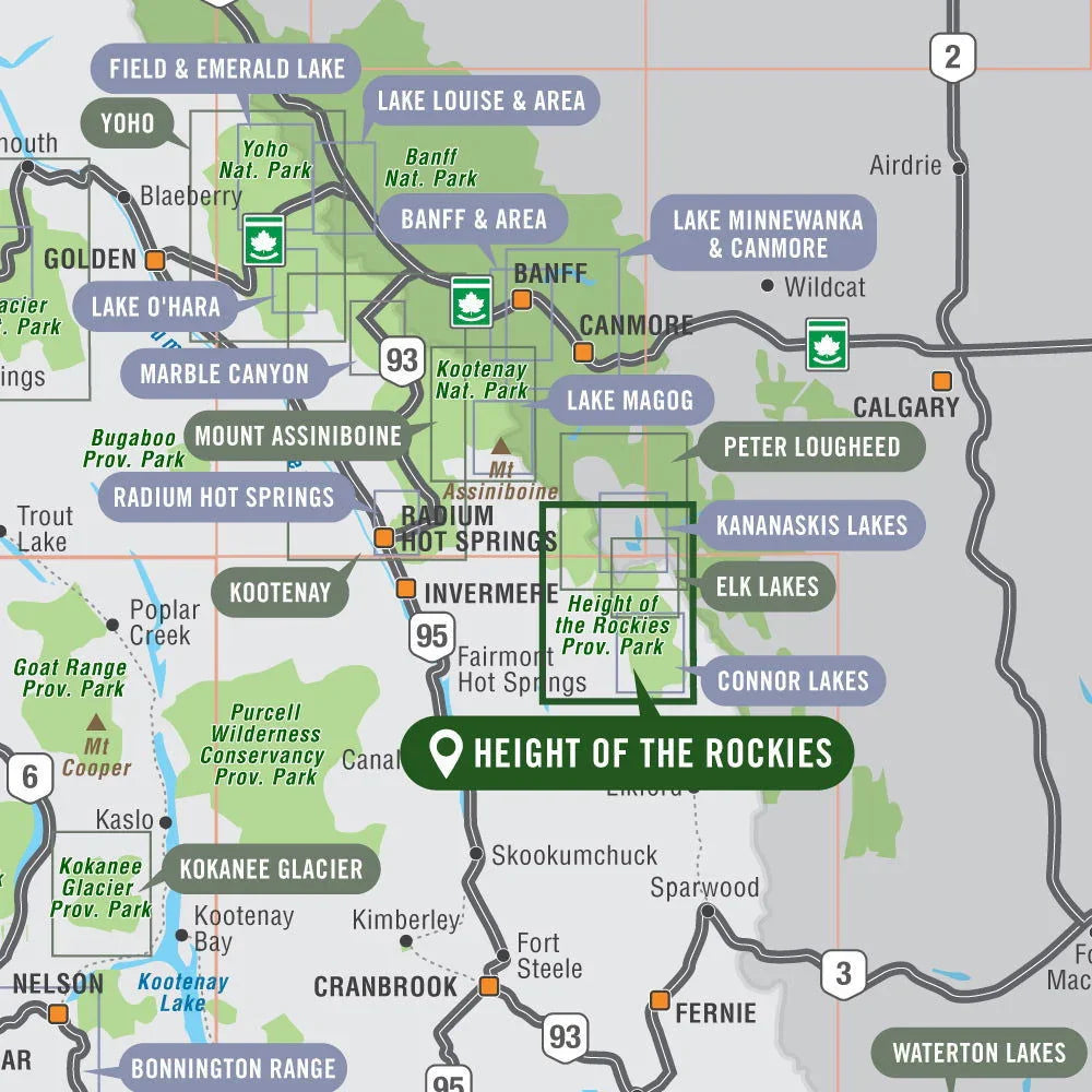 Height of the Rockies Provincial Park BC map with nearby parks and roadways highlighted