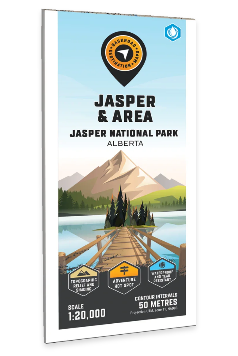 Jasper & Area Jasper National Park Alberta map cover with mountains and forest graphic.