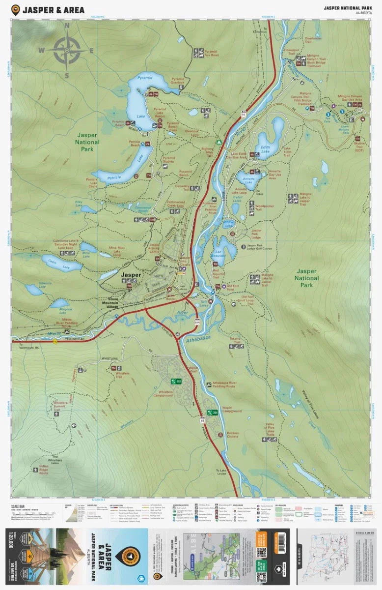Jasper National Park Alberta map showing Jasper town, lakes, roads, and hiking trails.