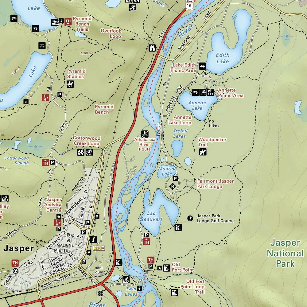 Jasper National Park map showing lakes, trails, picnic areas, and Jasper townsite in Alberta