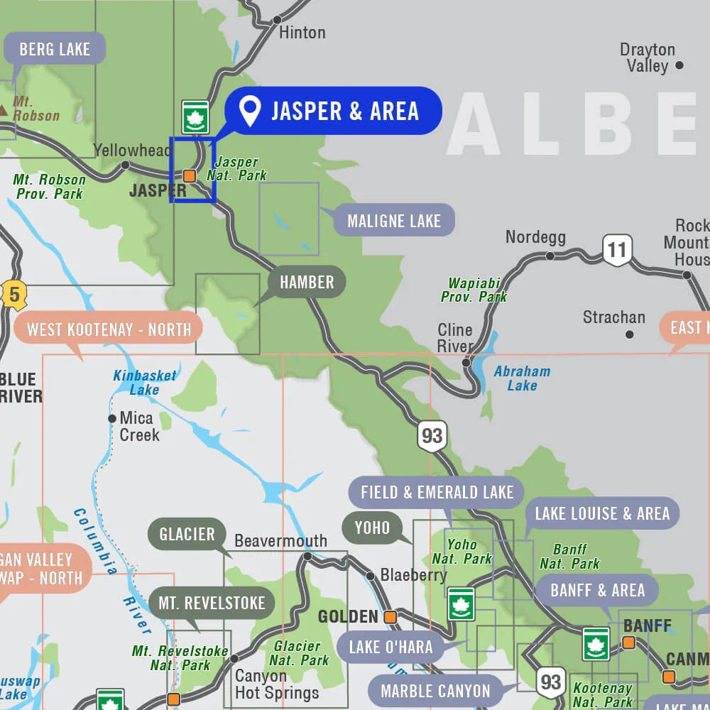 Jasper National Park map highlighting Jasper, Alberta and surrounding lakes, parks, and highways