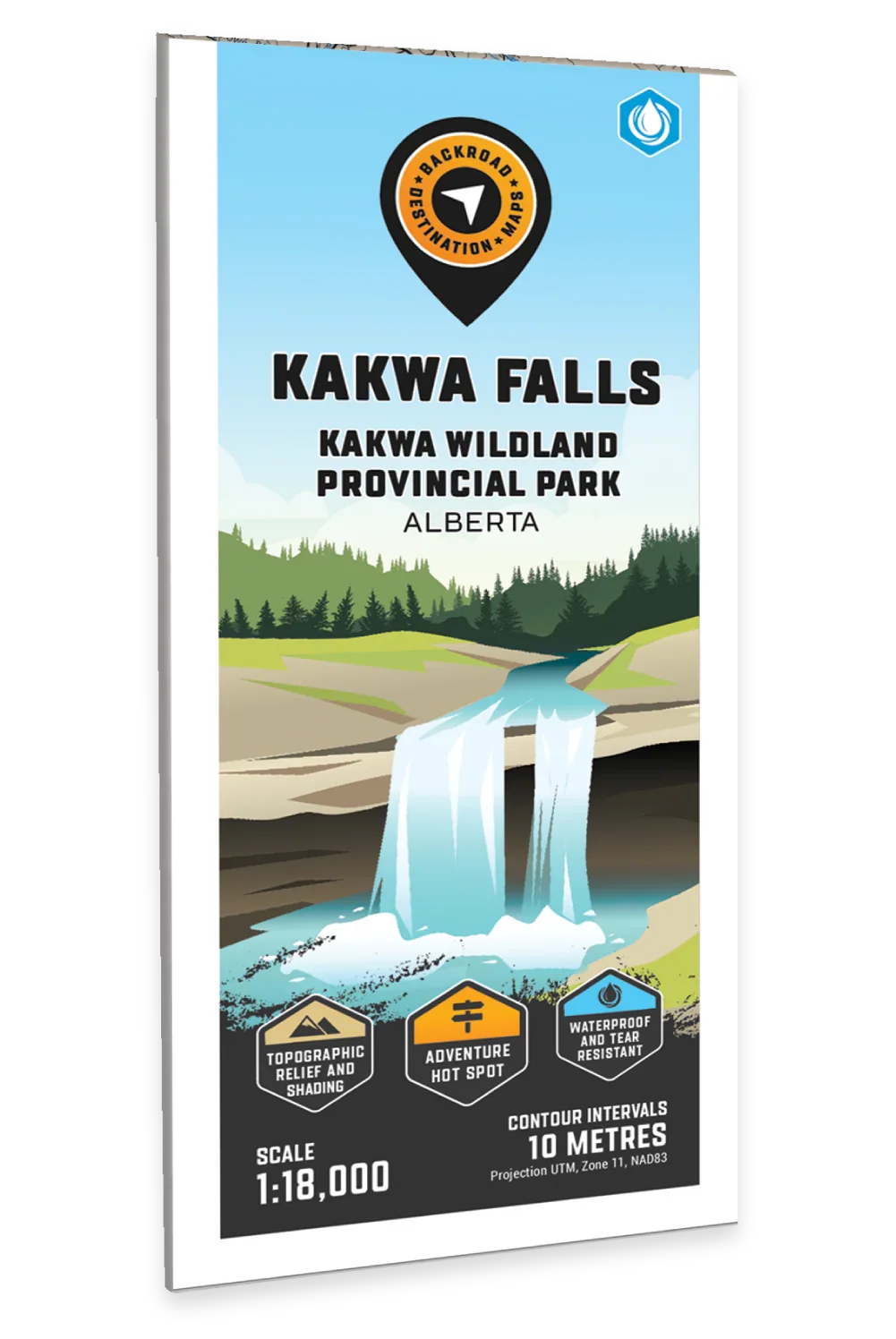 Kakwa Falls Kakwa Wildland Provincial Park Alberta illustrated map cover with waterfall, adventure icons, and forest scenery.