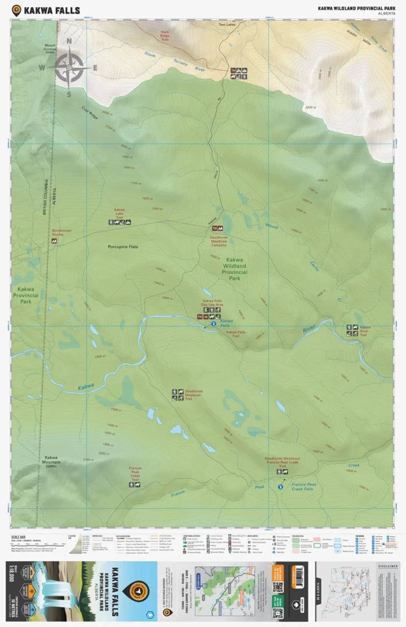 Map of Kakwa Falls in Kakwa Wildland Provincial Park, Alberta, showing trails and landmarks.