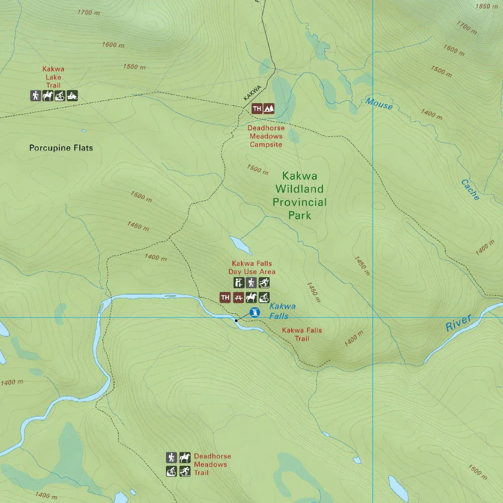 Map of Kakwa Wildland Provincial Park showing Kakwa Falls, trails, campsites, and day use area.