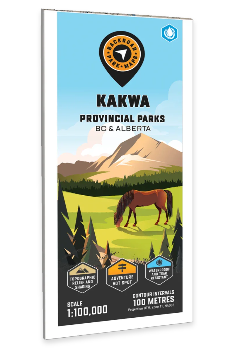 Kakwa Provincial Parks map cover with horse, mountains, BC and Alberta, Backroad Mapbooks