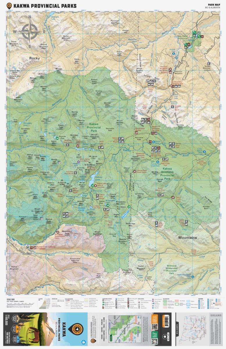 Kakwa Provincial Parks map with trails, lakes, rivers, and mountain terrain, BC Alberta border.