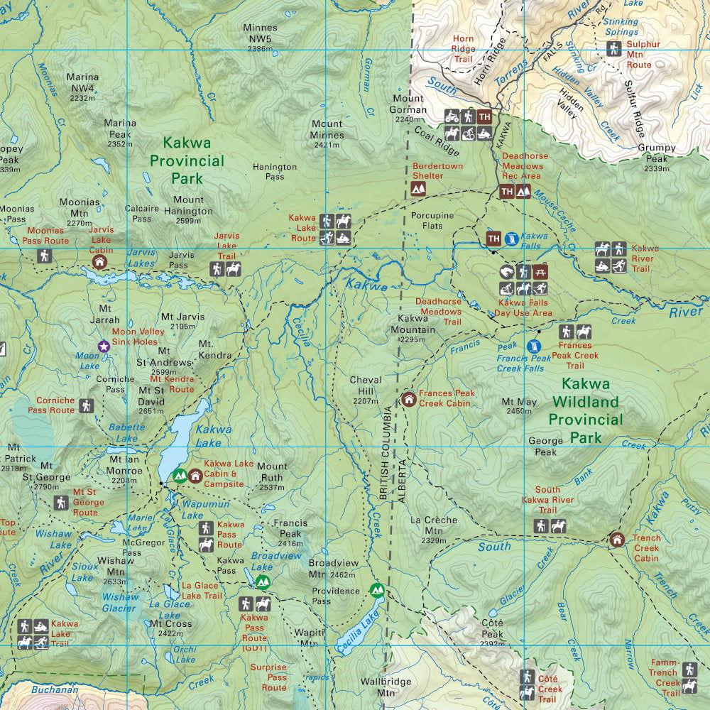 Kakwa Provincial Park and Kakwa Wildland Provincial Park map showing trails, lakes, cabins, and campsites