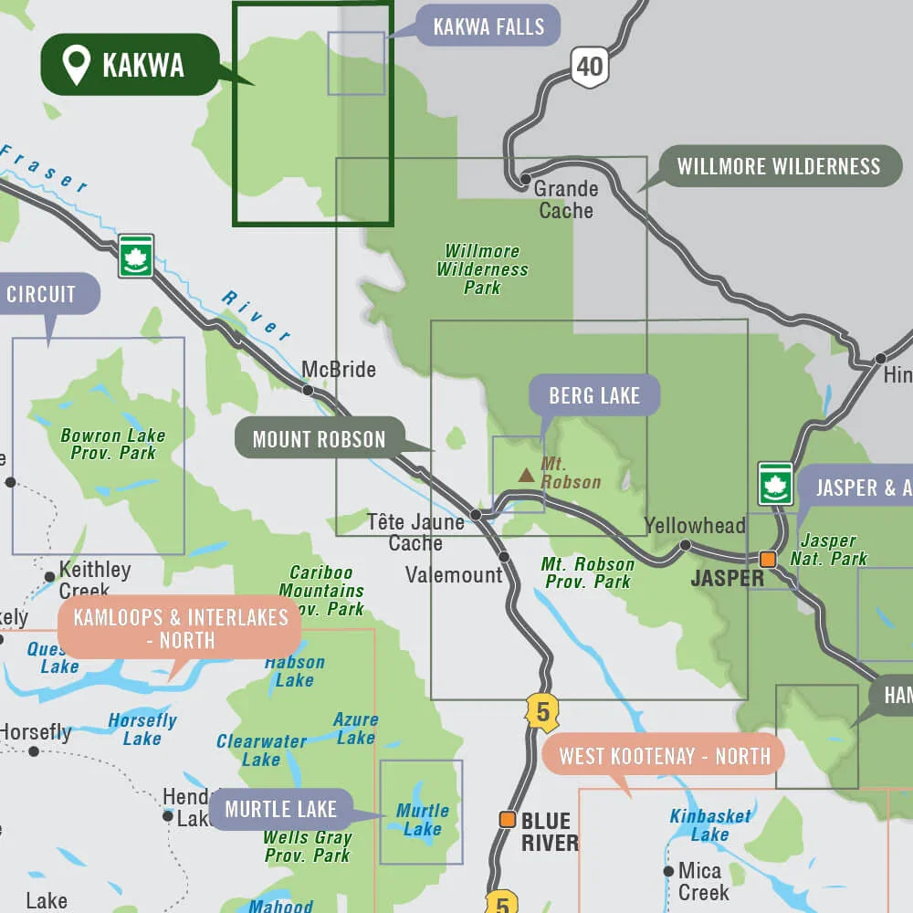Kakwa Provincial Park map with Alberta and BC landmarks, nearby parks, rivers, highways