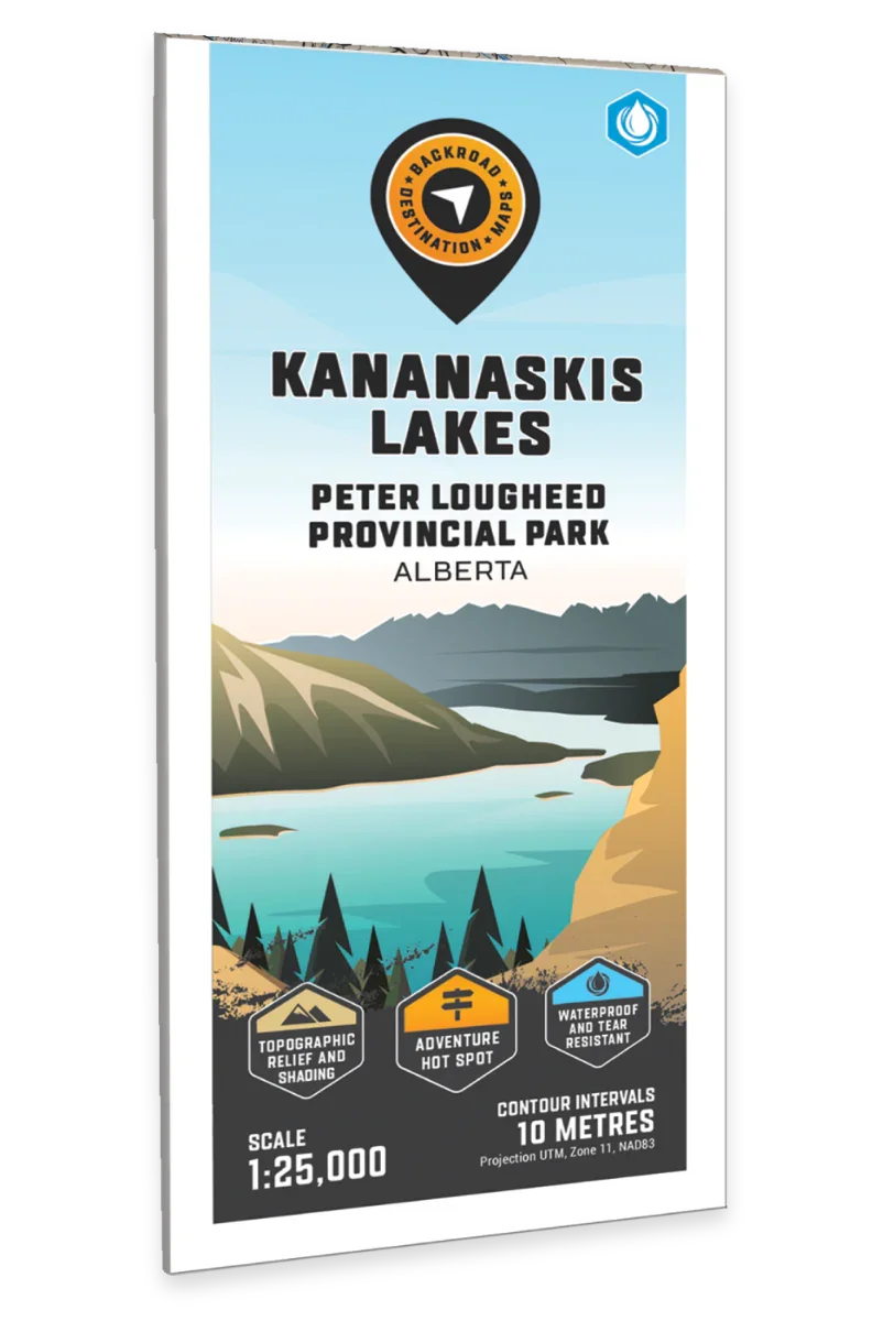 Kananaskis Lakes Peter Lougheed Provincial Park Alberta map cover with illustrated mountains and lake.