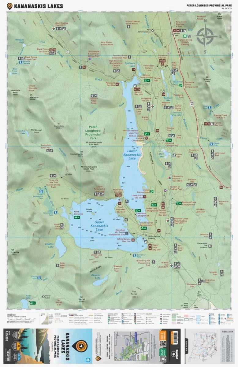 Kananaskis Lakes map in Peter Lougheed Provincial Park Alberta showing trails, lakes, campgrounds.