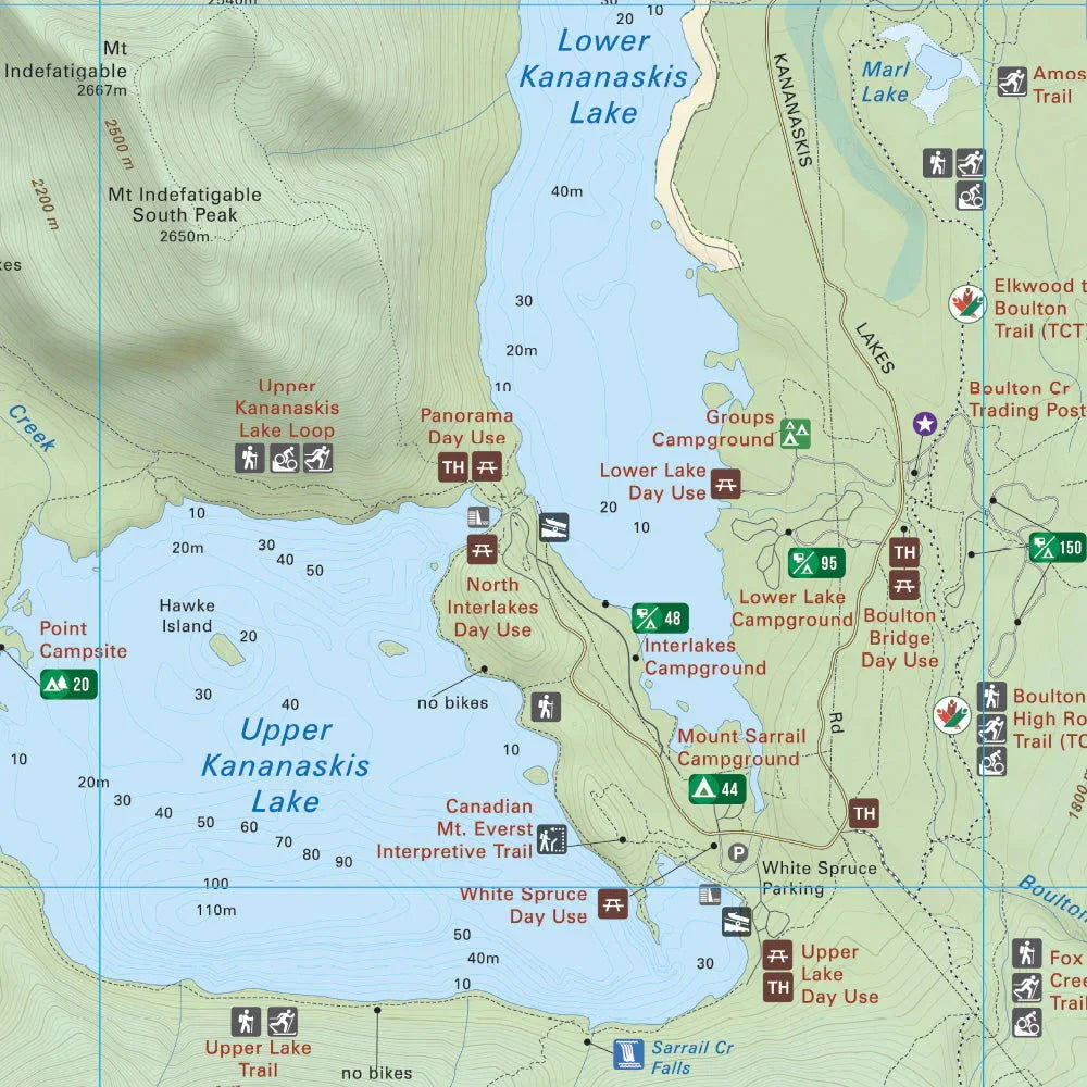 Map of Upper and Lower Kananaskis Lakes with campgrounds, trails, and day use areas in Peter Lougheed Provincial Park, Alberta.