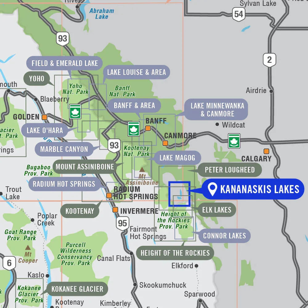Map highlighting Kananaskis Lakes, Peter Lougheed Provincial Park, Alberta, near Banff and Calgary