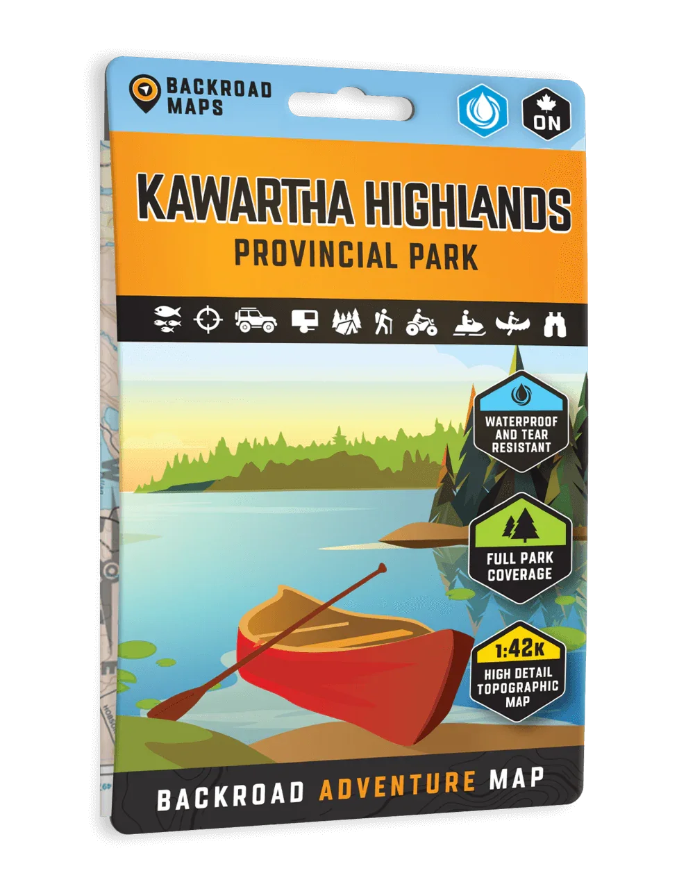 Kawartha Highlands Provincial Park backroad adventure map cover with red canoe illustration