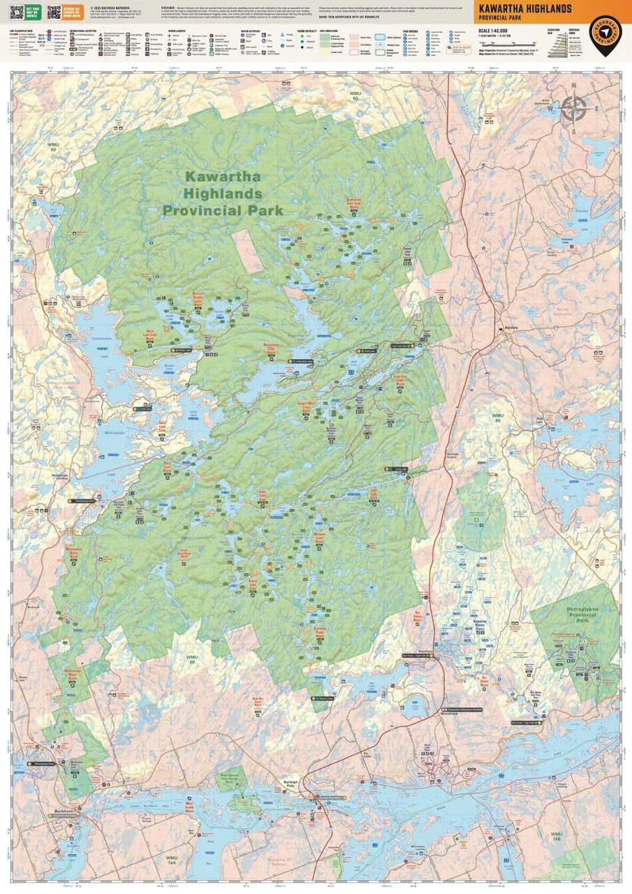Kawartha Highlands Provincial Park map showing trails, lakes, campsites, and topography.
