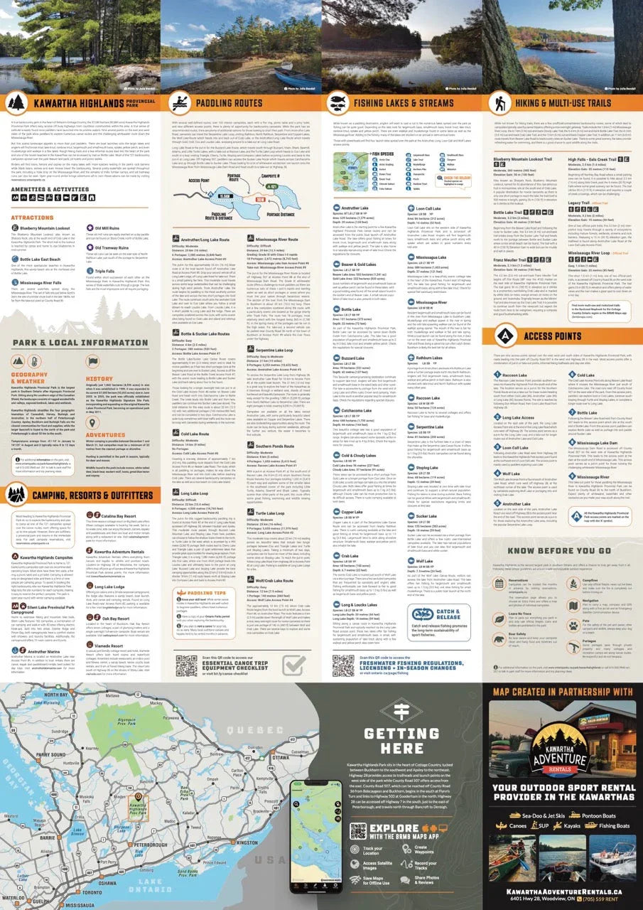 Kawartha Highlands guide with canoeing, fishing, hiking info, local map, and outdoor rental ads.