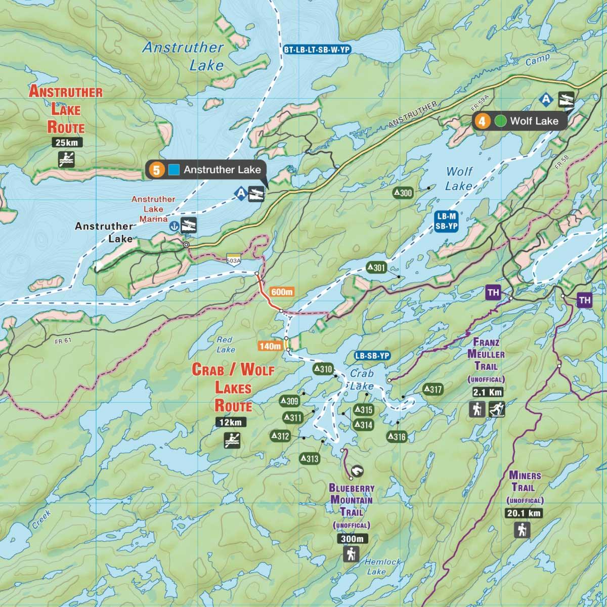 Kawartha Highlands map detail showing Anstruther Lake, Wolf Lake, Crab Lake routes and trails.