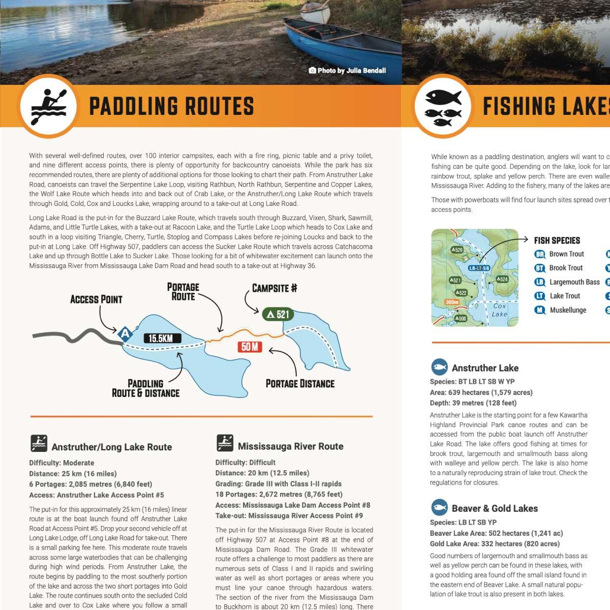 Kawartha Highlands paddling and fishing routes guide with maps and lake details.