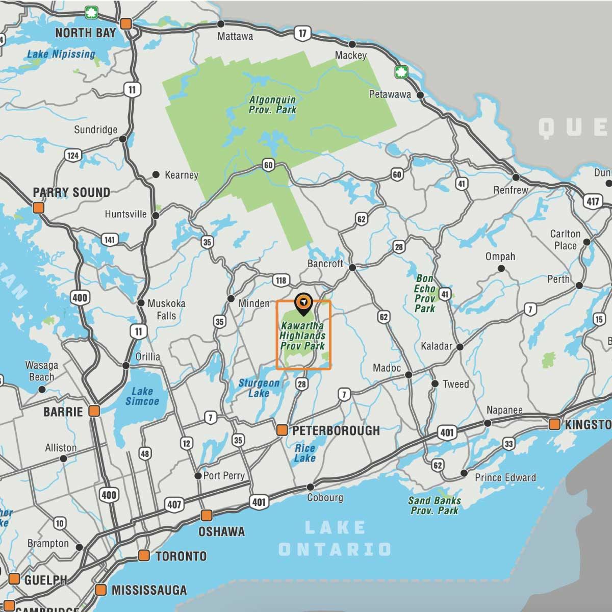 Map showing Kawartha Highlands Provincial Park location in Ontario, near Peterborough.