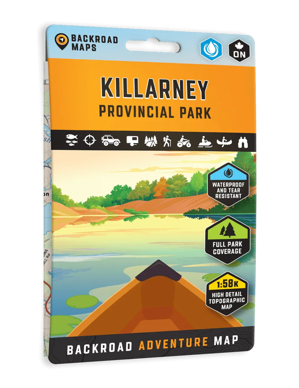 Backroad Adventure Map for Killarney Provincial Park with canoe, lake, and waterproof icon