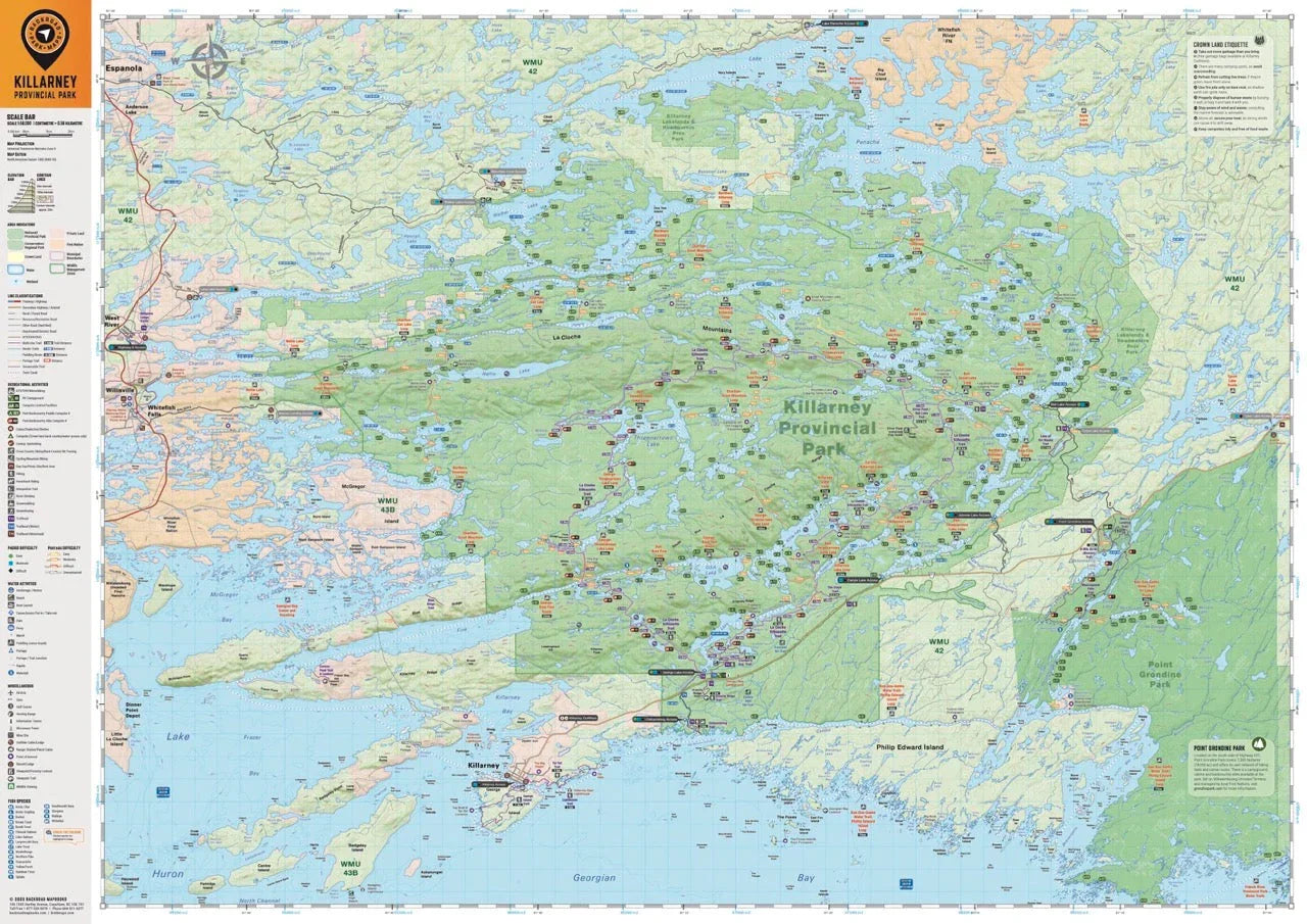 Detailed map of Killarney Provincial Park with trails, campsites, and lakes labeled.