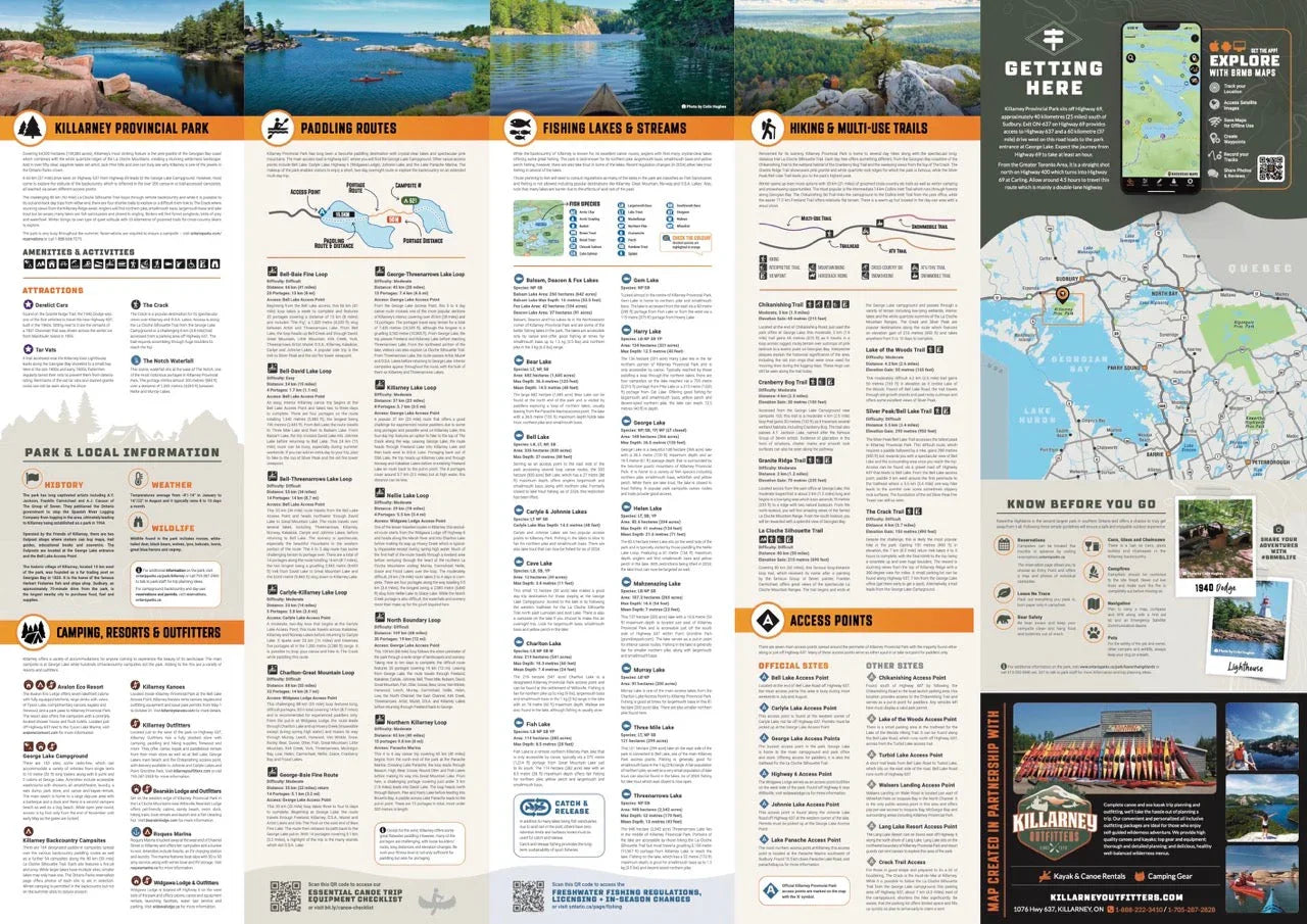 Killarney Provincial Park guide with paddling routes, hiking trails, fishing info, and park map