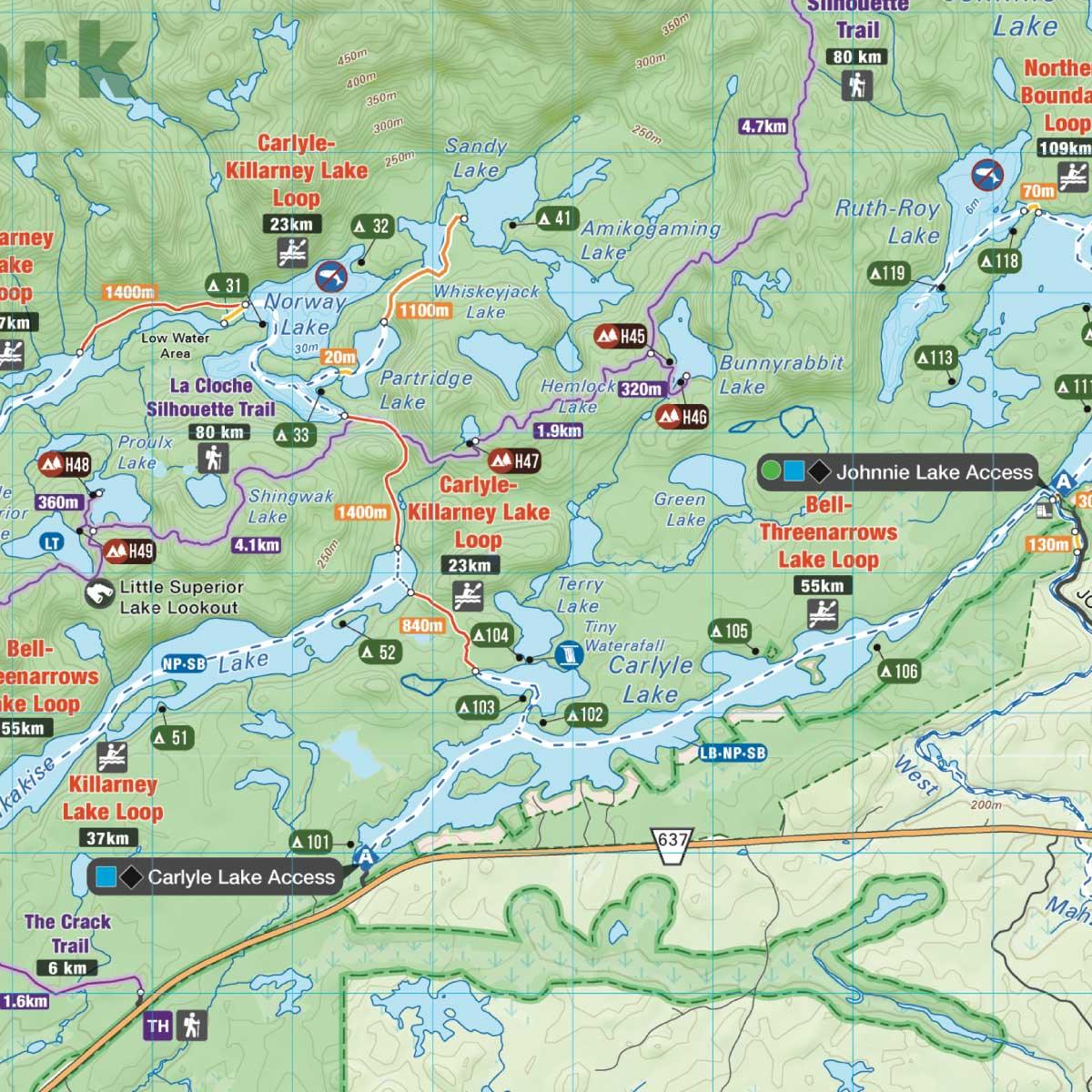 Carlyle-Killarney Lake Loop map with trails, campsites, and lake access points in Killarney Park
