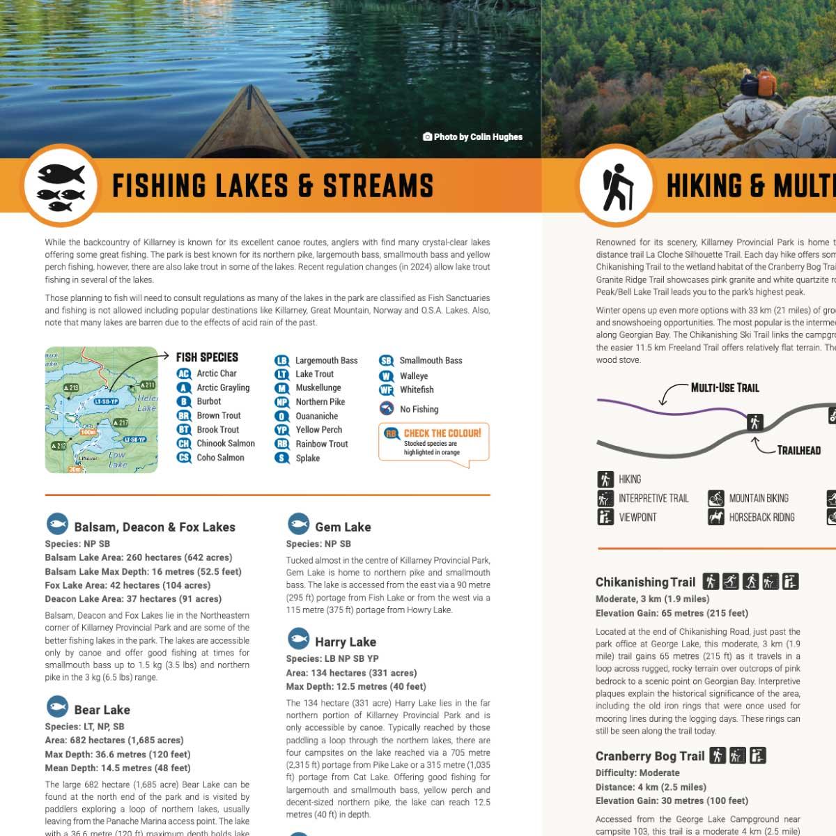 Killarney Provincial Park guide showing fishing lakes, fish species, hiking trails, and map.