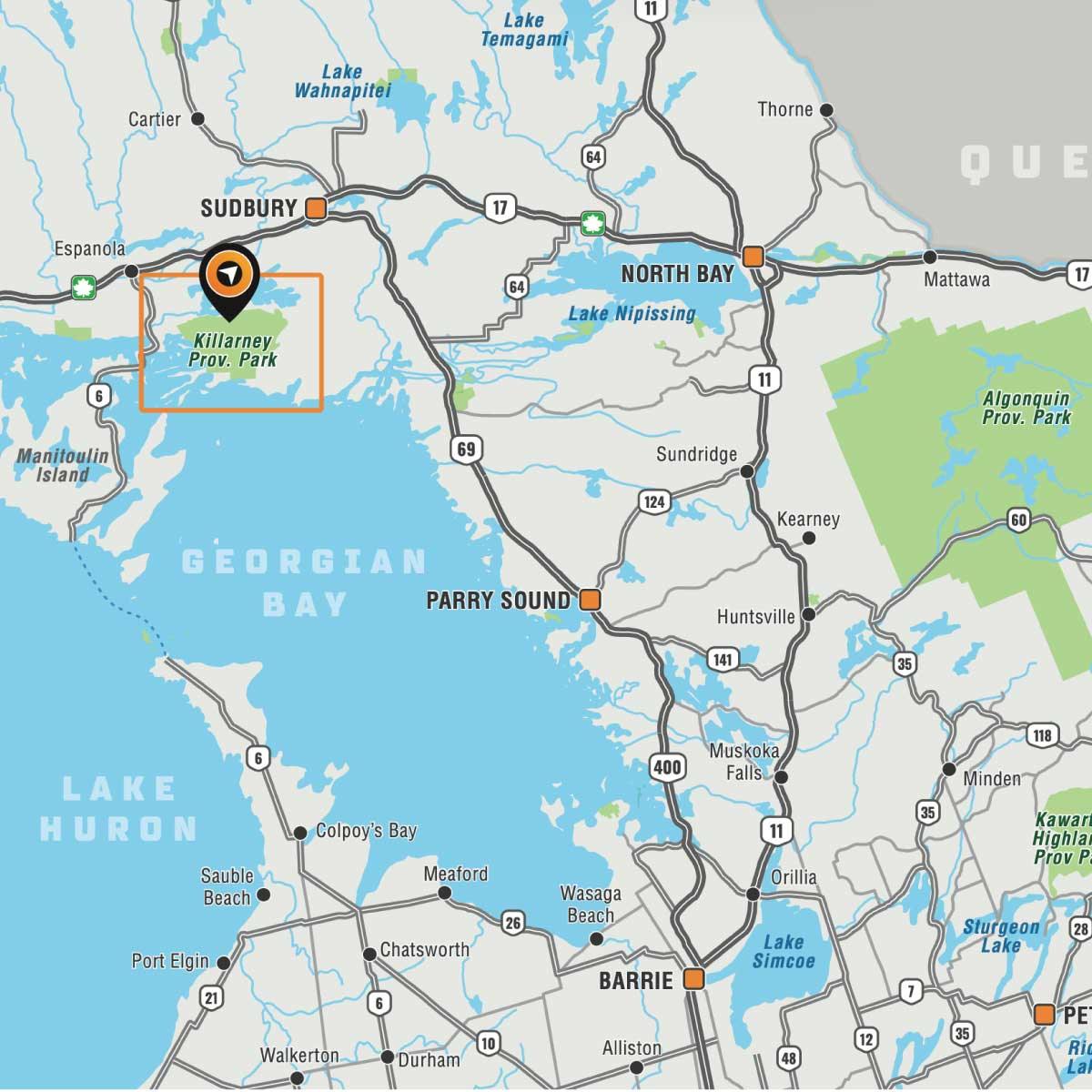 Map showing Killarney Provincial Park location near Sudbury and Georgian Bay in Ontario