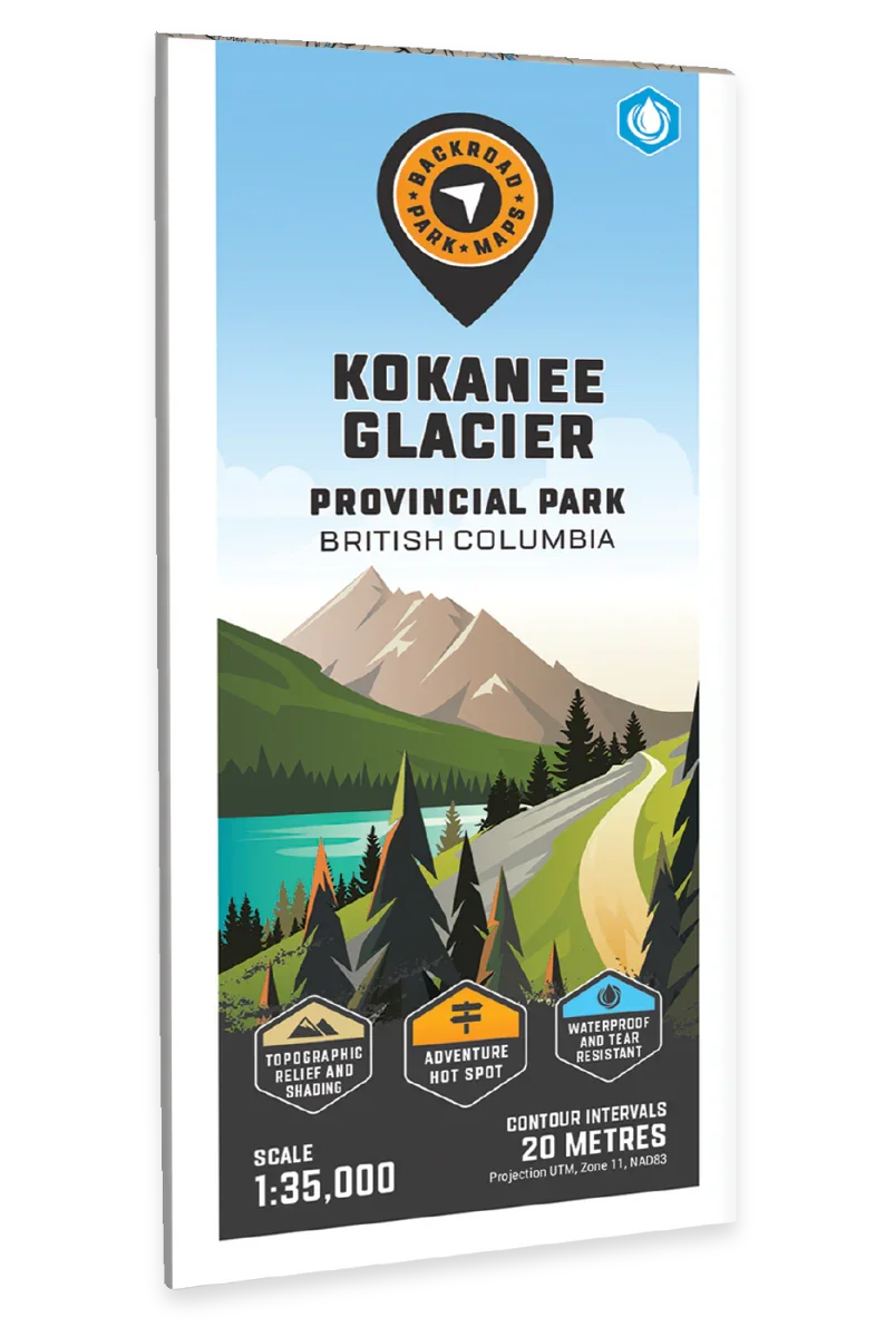 Kokanee Glacier Provincial Park map cover with mountains, lake, and trail illustration