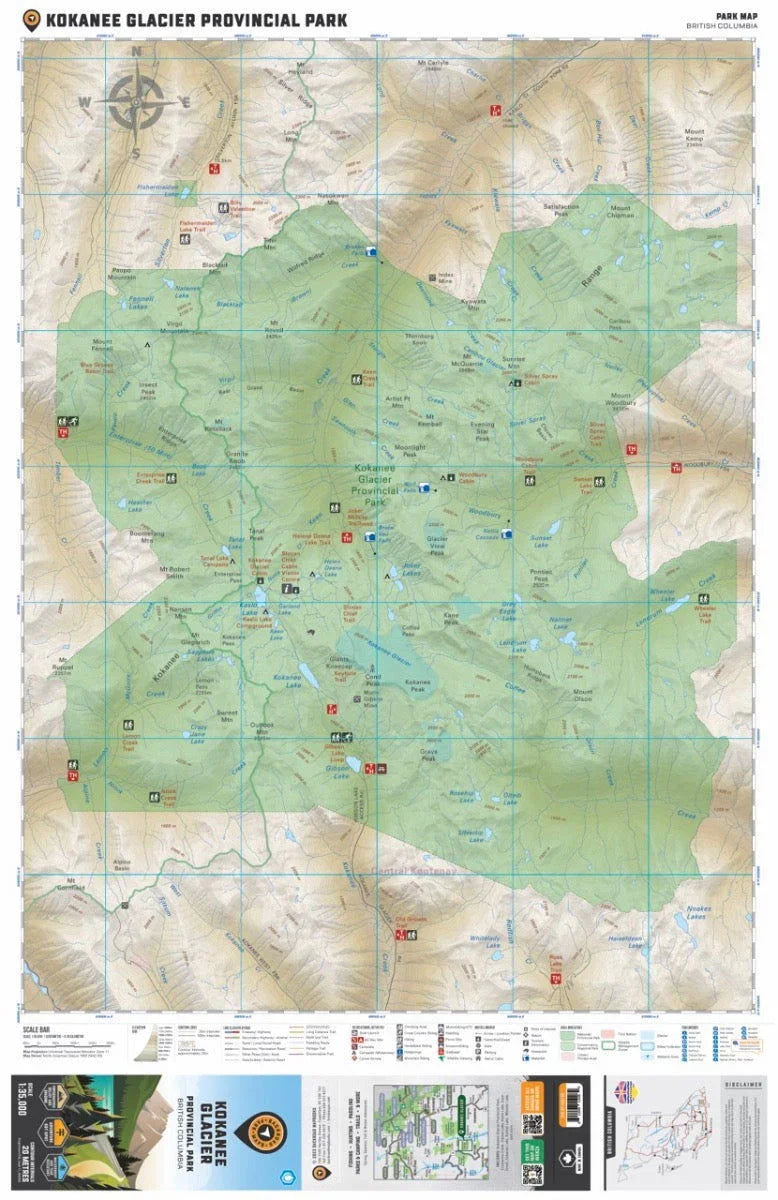 Kokanee Glacier Provincial Park map showing trails, campsites, and topography in British Columbia.
