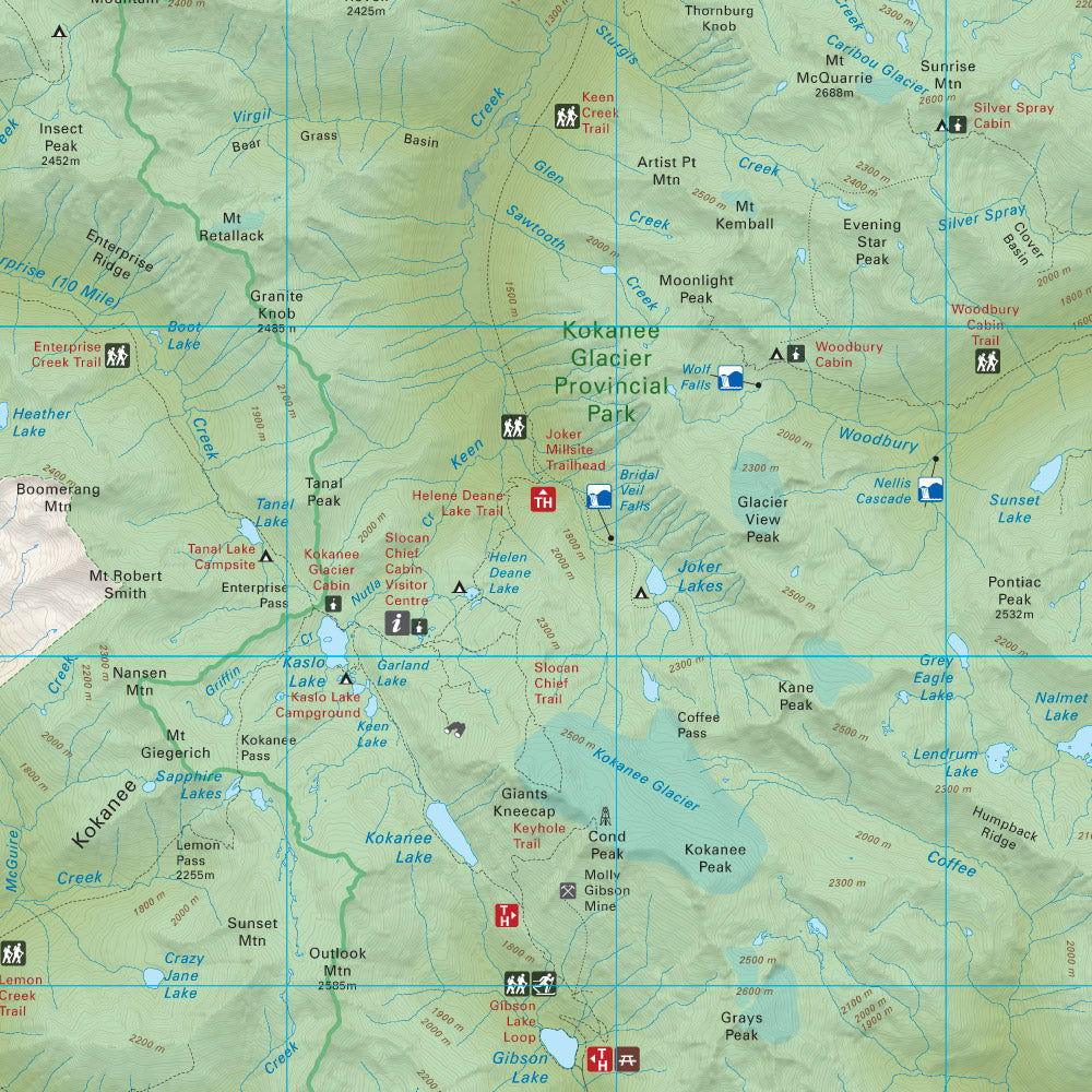 Kokanee Glacier Provincial Park map showing trails, lakes, peaks, cabins, and campgrounds