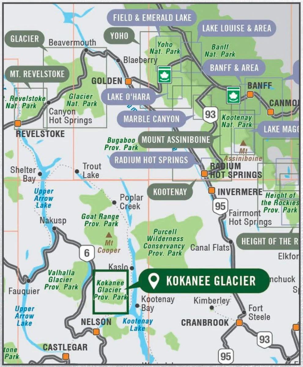 Map of Kokanee Glacier Provincial Park BC with nearby parks, towns, and highways highlighted.