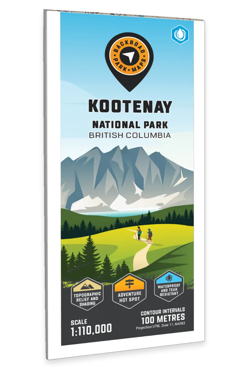 Kootenay National Park map cover showing mountains, hikers, and adventure icons, British Columbia.