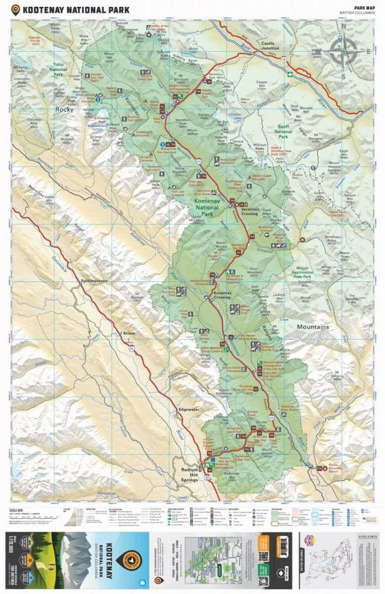Kootenay National Park map showing roads, trails, natural features, and major landmarks in BC.