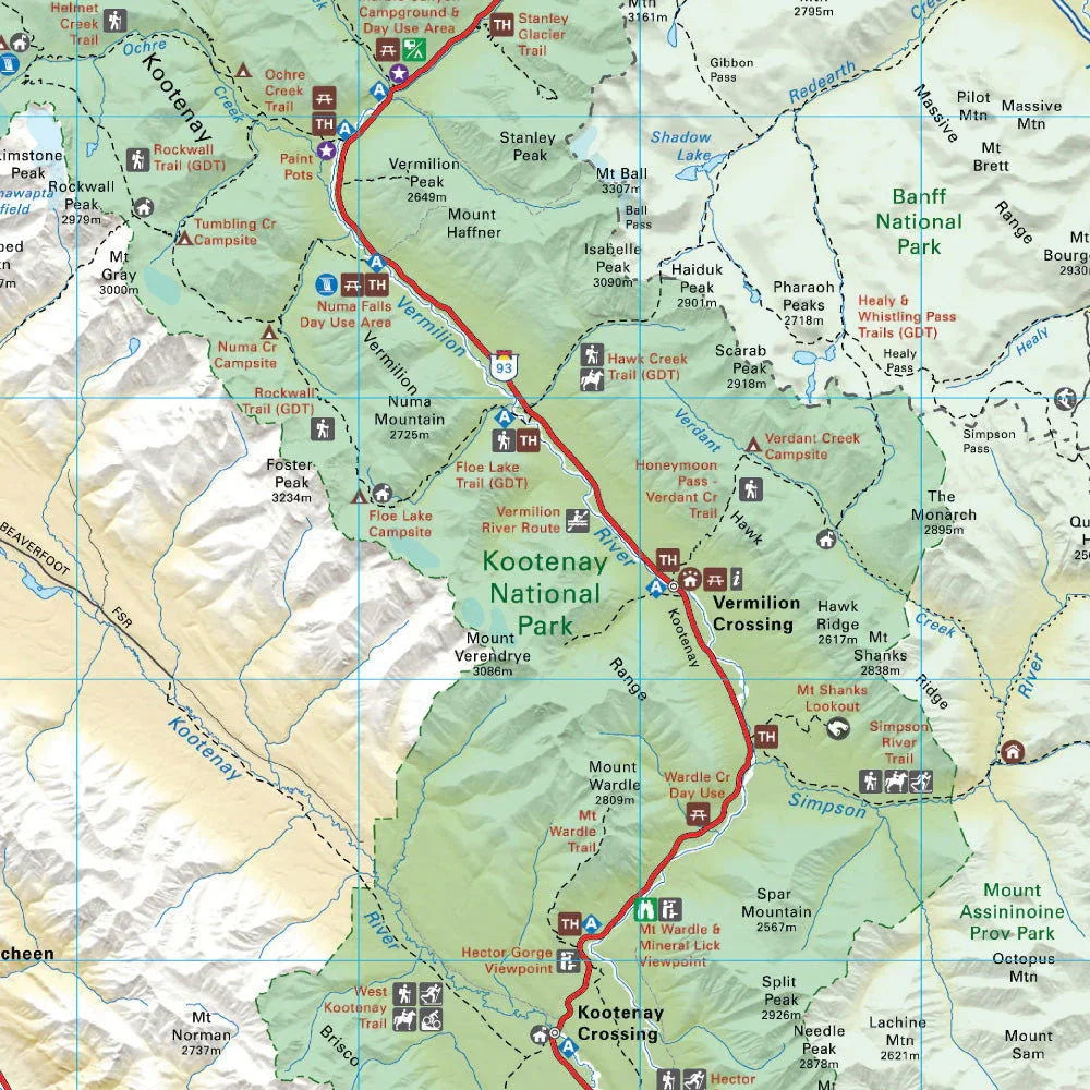 Kootenay National Park BC map highlighting trails, campsites, Vermilion Crossing, and Highway 93.