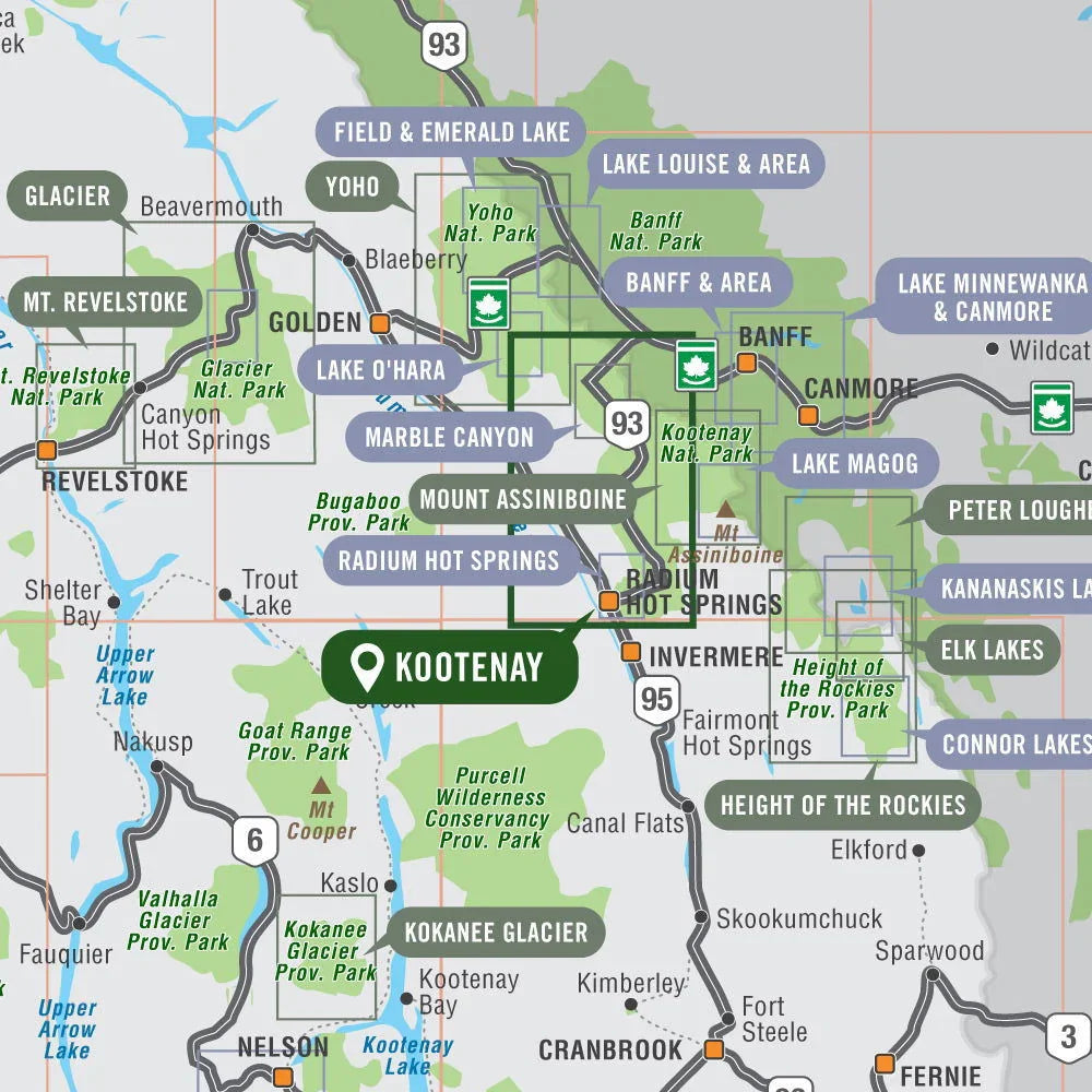 Kootenay National Park BC map highlighting parks, highways, and surrounding areas