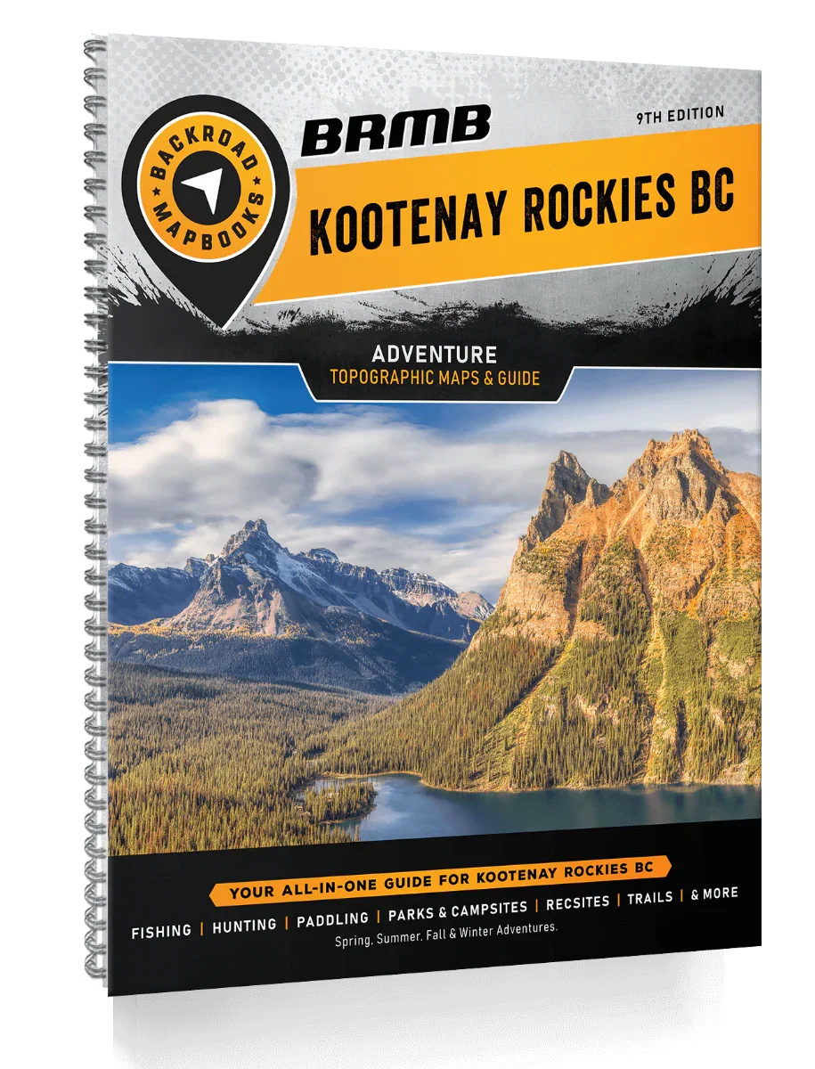 Kootenay Rockies BC Backroad Mapbook cover with mountain landscape and adventure guide text