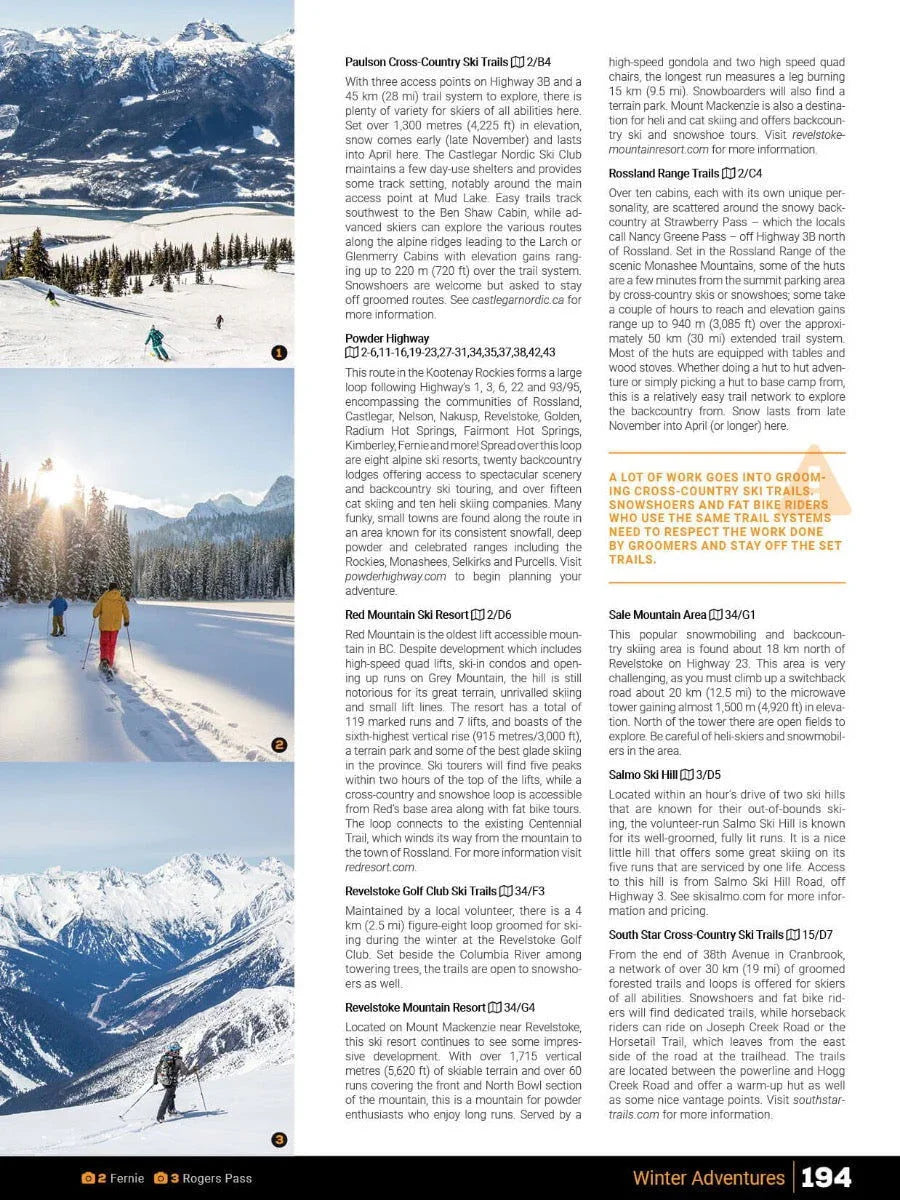 Kootenay Rockies BC Backroad Mapbook page showing winter adventures, ski trails, and mountain photos
