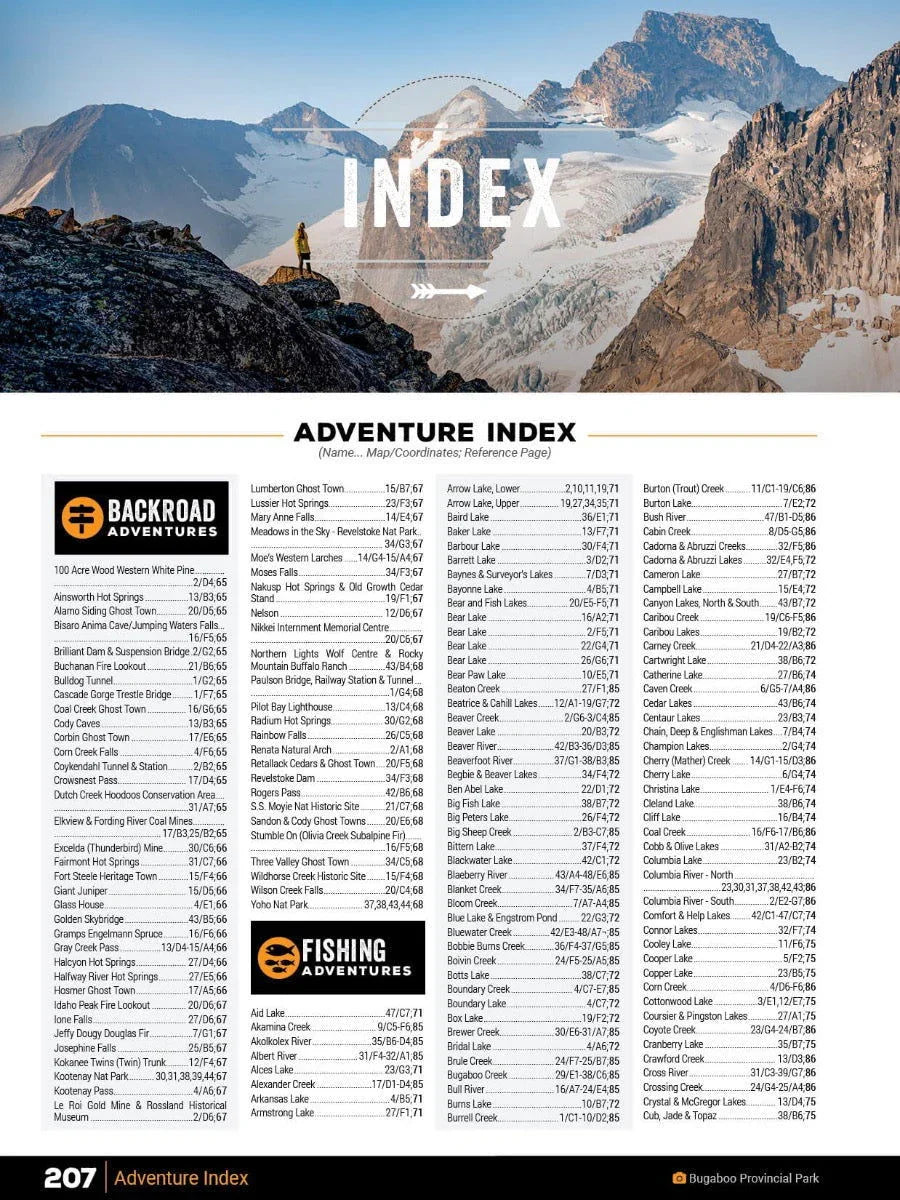 Kootenay Rockies BC Backroad Mapbook index page, hiker on rocky mountain with snow-capped peaks