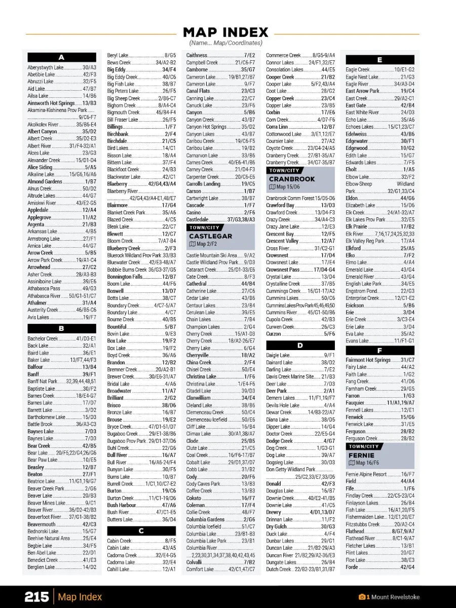 Kootenay Rockies BC Backroad Mapbook map index page with alphabetical list of lakes and creeks