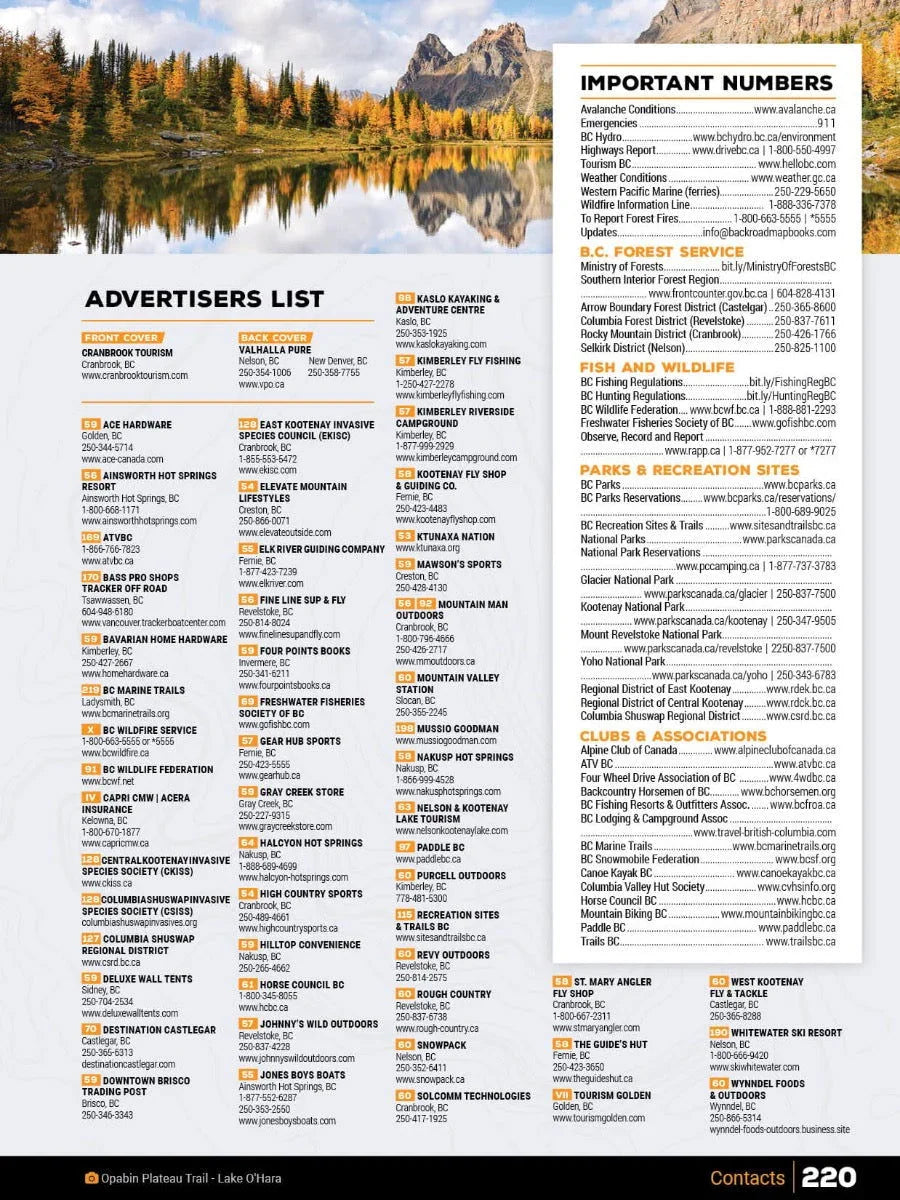Backroad Mapbook page showing Kootenay Rockies BC advertisers list, contacts, and mountain lake photo