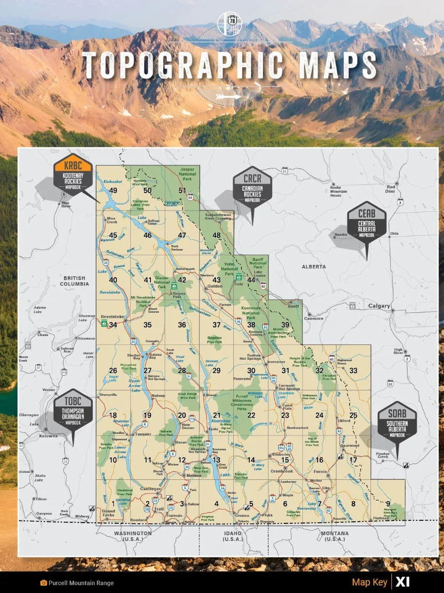 Kootenay Rockies BC topographic backroad mapbook cover with regional map overlay
