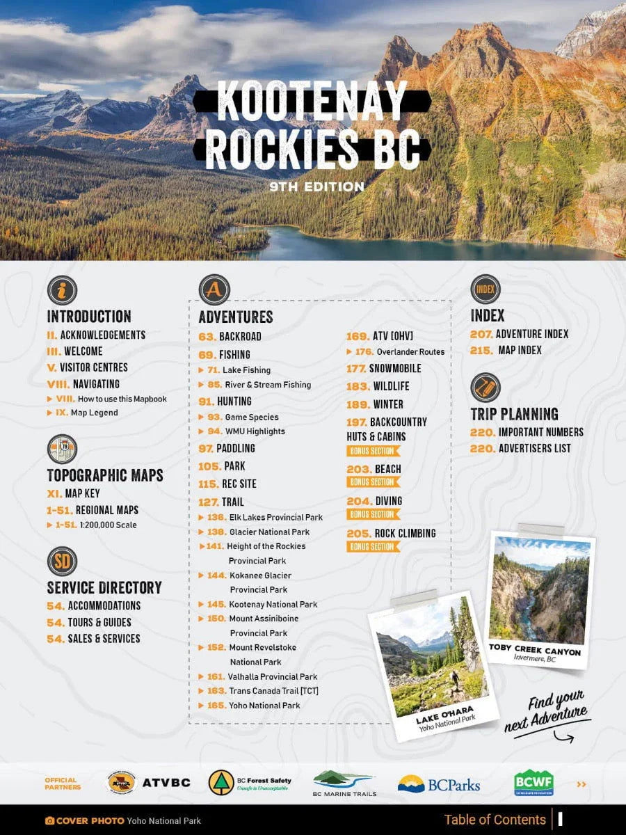 Kootenay Rockies BC Backroad Mapbook cover showing mountain landscape and table of contents.