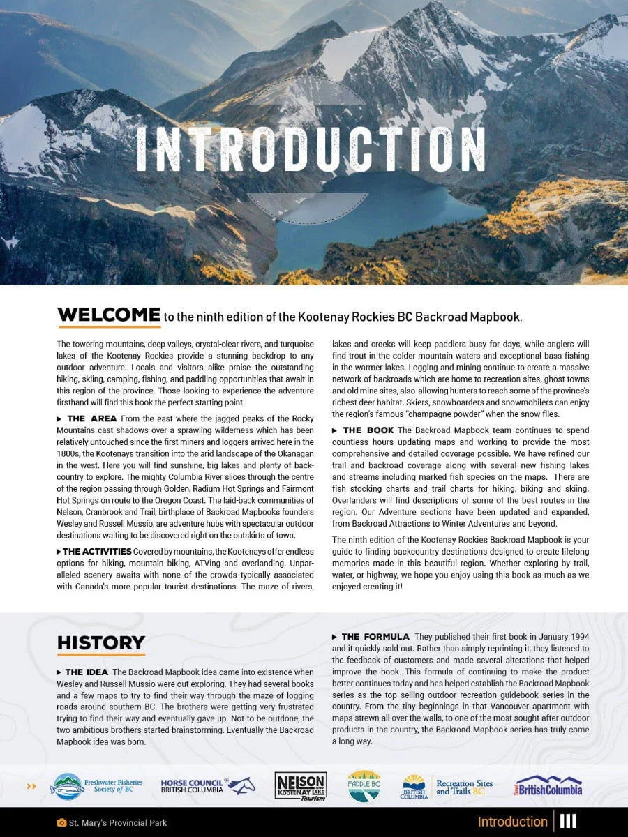 Kootenay Rockies BC Backroad Mapbook introduction page with mountain landscape.