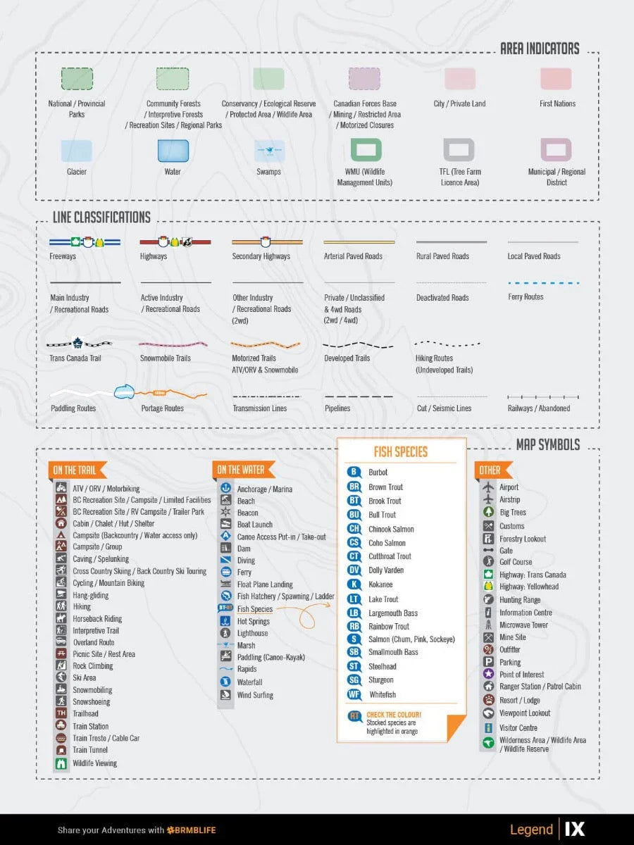 Kootenay Rockies BC backroad map legend with area indicators, line classifications, map symbols, and fish species.