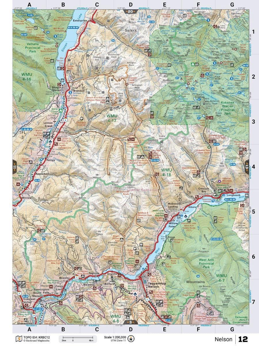 Kootenay Rockies BC backroad map showing Nelson region, parks, roads, and topography.