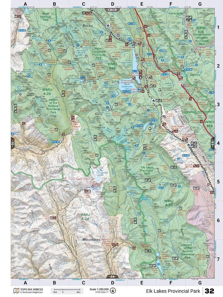 Kootenay Rockies BC backroad map showing Elk Lakes Provincial Park, hiking trails, and campgrounds